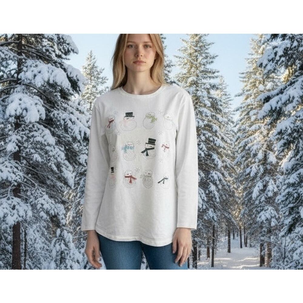 Christopher & Banks Top SZ SM White Christmas Snowmen Sequins Winter Wonderland